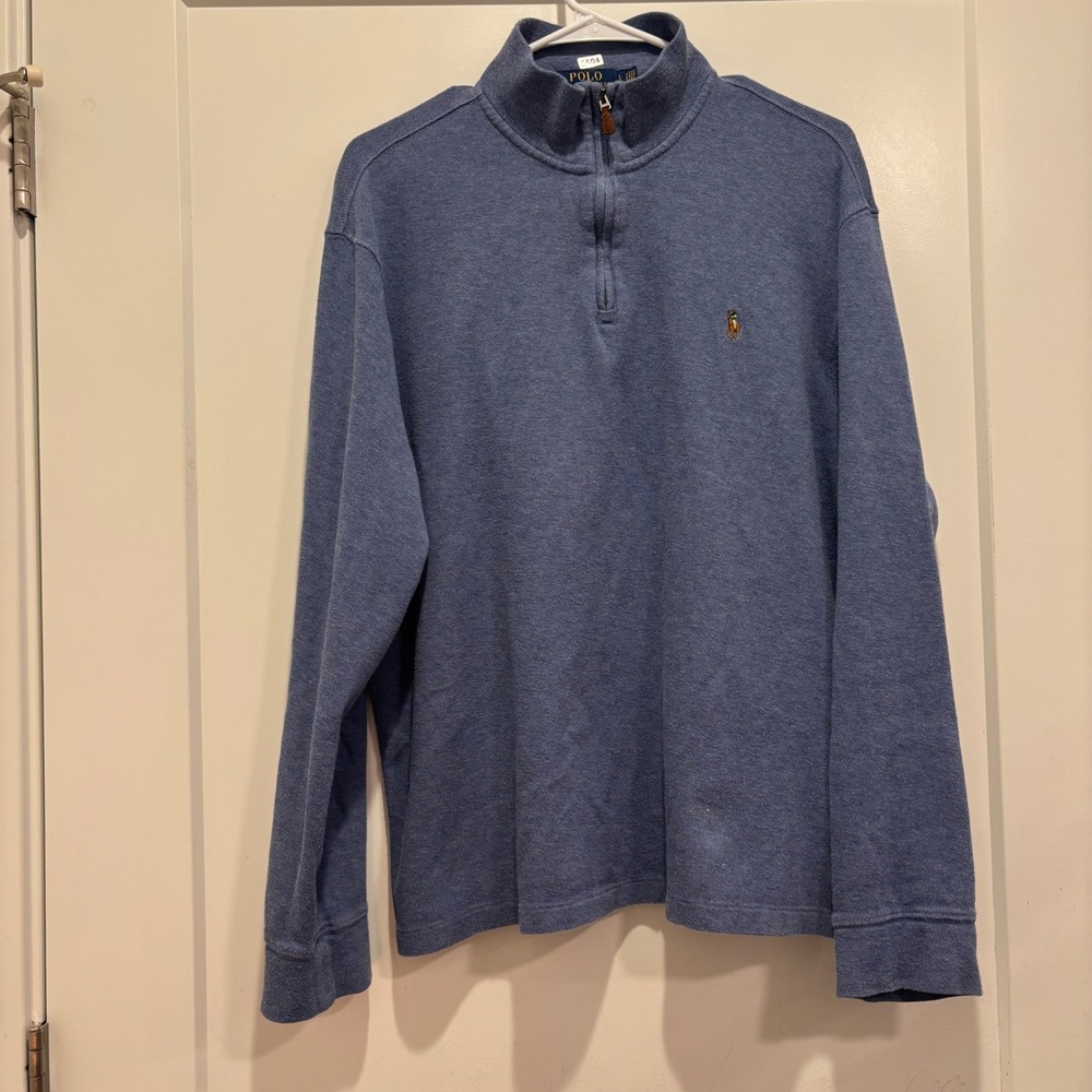Polo Ralph Lauren Mens Large Estate Rib Quarter Zip Pullover Blue Sweater